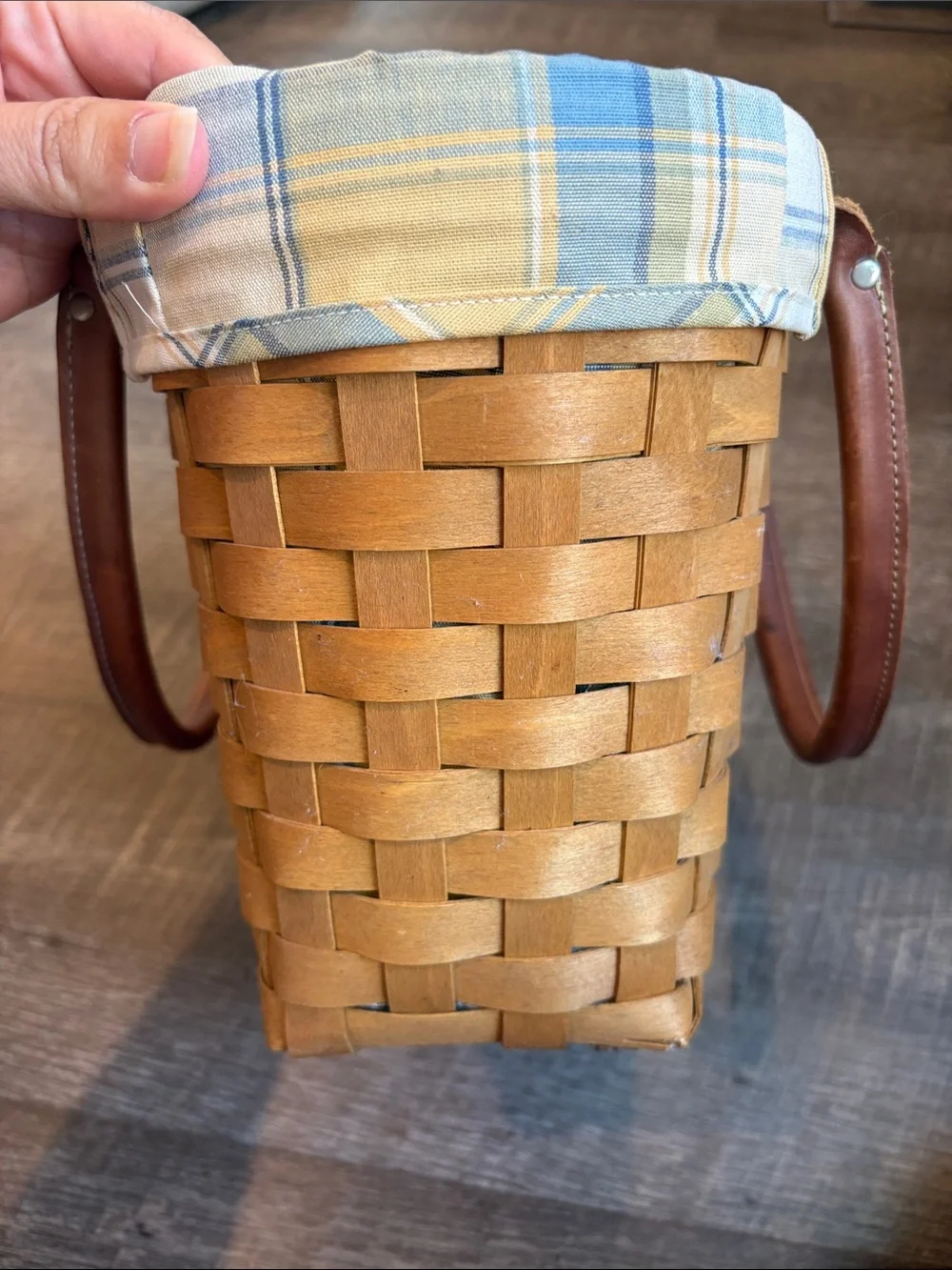 Longaberger Boardwalk Basket Leather Handles Plaid Liner